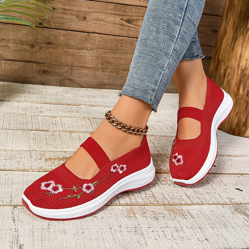 Knitted Embroided Floral Flat Platform Loafers Women Breathable Mesh Slip On Sneakers 2024 Autumn Patchwork Shallow Shoes