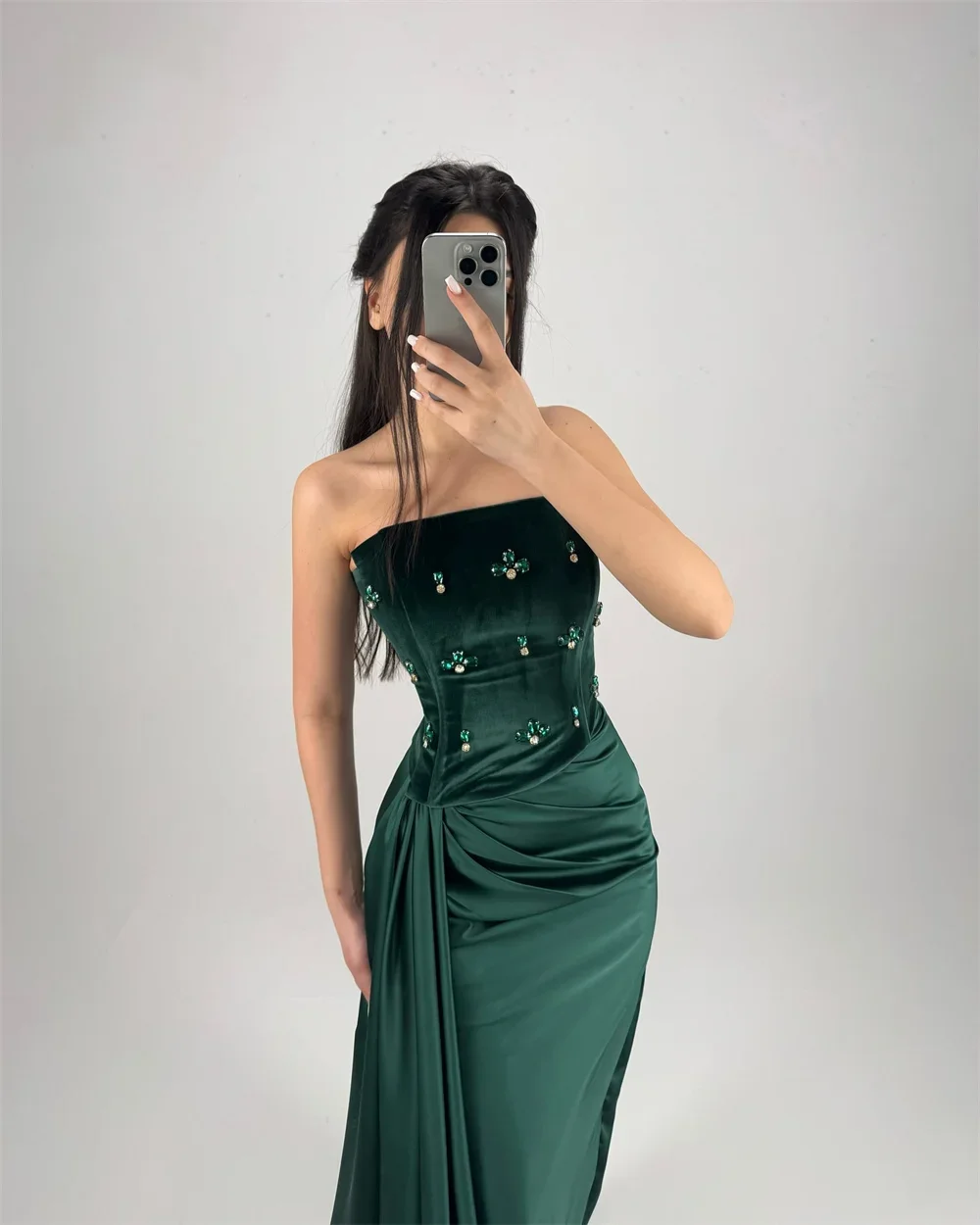 Robe de soirée sirène verte personnalisée en cristal, sans bretelles, sans manches, drapée, longueur au sol, robes de bal