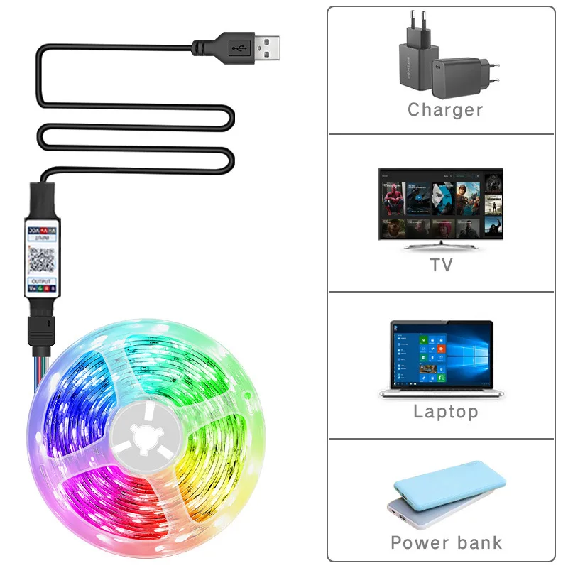 Bluetooth App Control LED Strip Light, Fita flexível USB, Fita de diodo para TV Backlight, Decoração do quarto de casa, RGB 5050, 5V