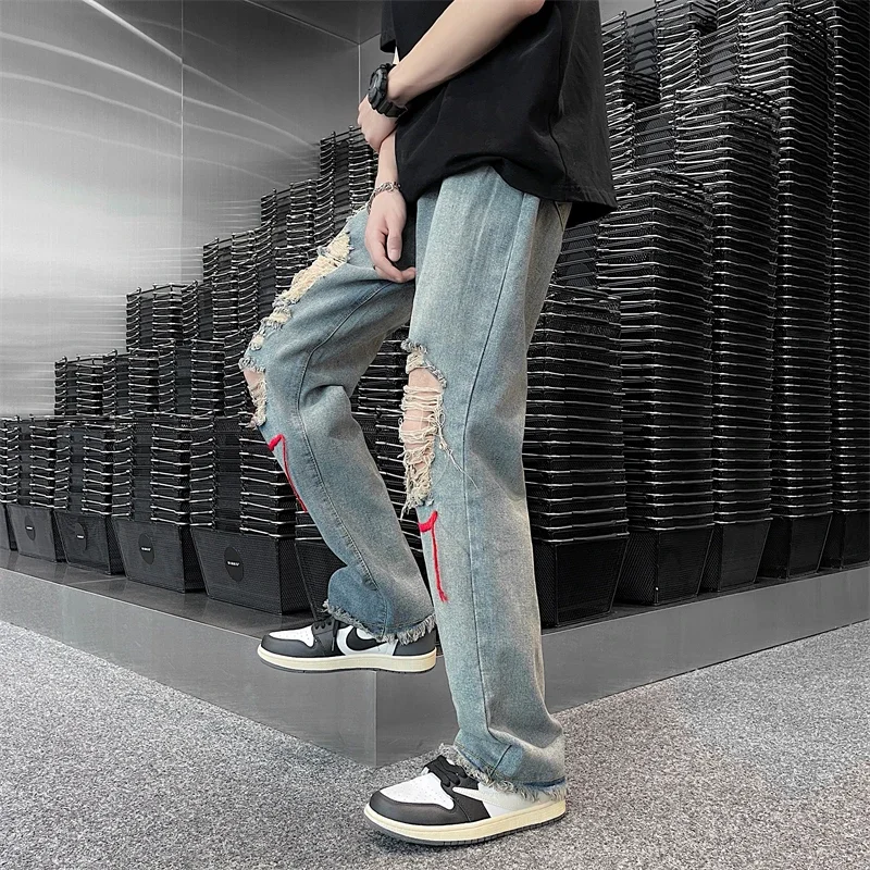 

PantsRetro High Street Hip Hop Blue Jeans Men Loose High Waist Trousers 2024 Men Spring Straight Ripped Wide Leg Denim Pants