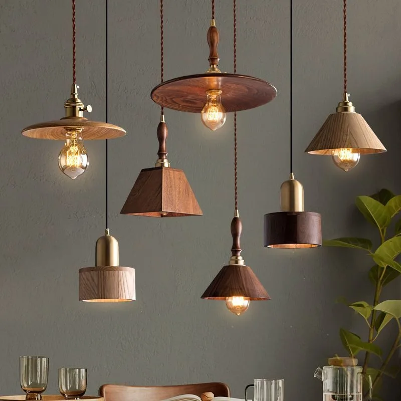 

Simple Solid Wood Chandelier Restaurant Bar Counter Retro Brass Bedroom Chandelier Walnut Bedside Small Pendant Lights