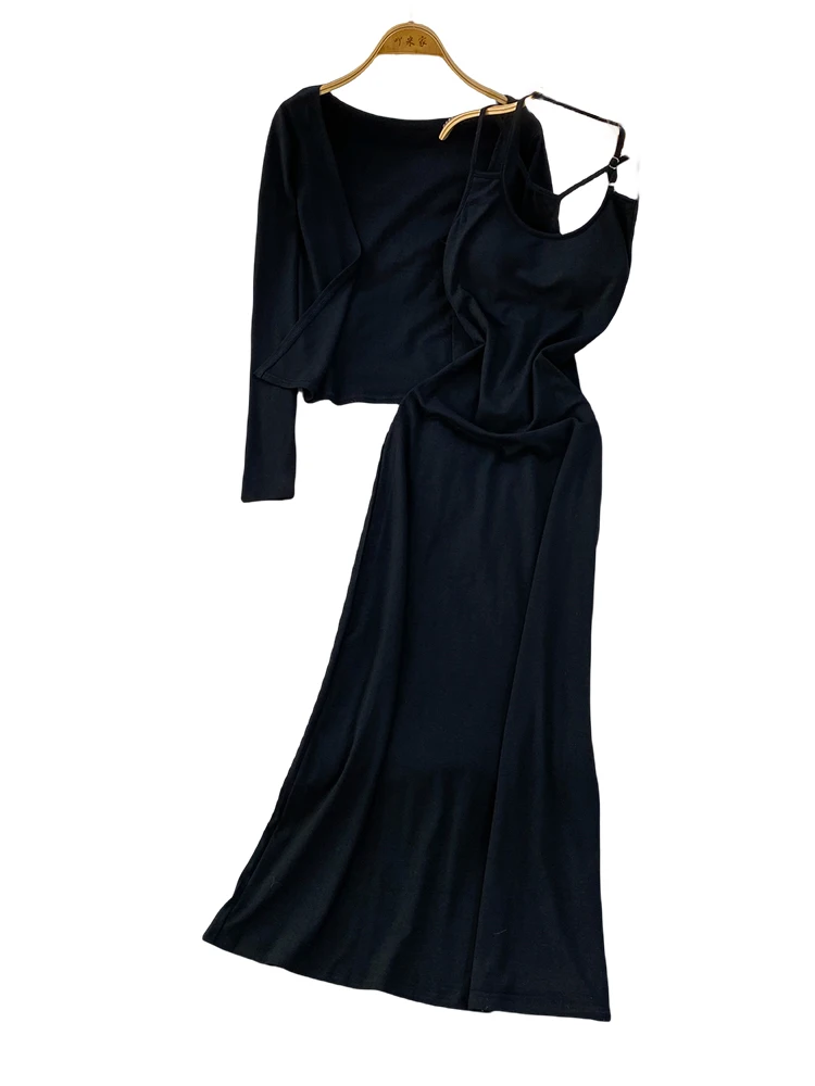 2025년 가을 한국 스타일 우아한 오픈 가디건 코트 섹시한 홀터넥 스트랩 드레스 가슴 패드 포함 젊은 여성용 투피스 세트