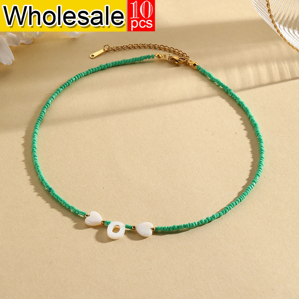 10PCS Minimalis Bosnian Style 26 Names Love Shell Letters Green Beaded Necklace Alpahbet Fashion Birthday Couple Gifts Wholesale