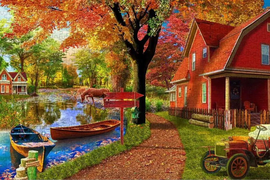 Autumn village The wooden puzzle 1000 pieces ersion jigsaw puzzle white card adult children's educational toys