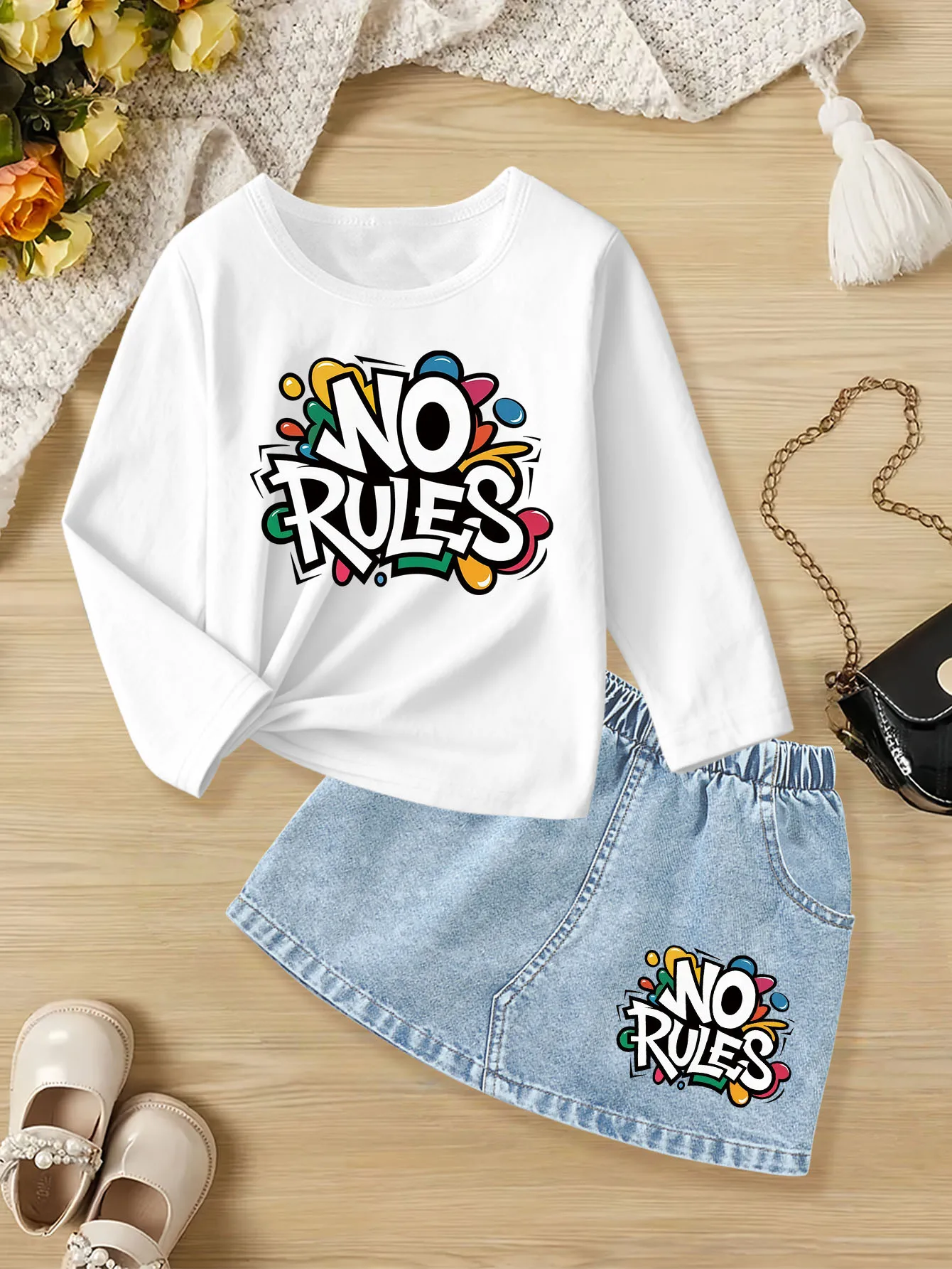 

Комплект из 2 предметов: футболка с мультяшным принтом и джинсовая юбка для девочек на осень