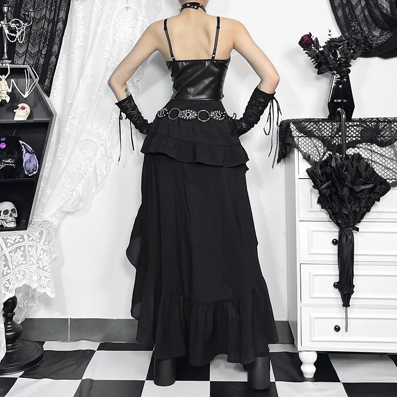 2024 Aesthetic Ruffle Y2k Sexy High Low Black Skirt Harajuku Retro Gothic Vintage lrregular long Rock Skirt Streetwear