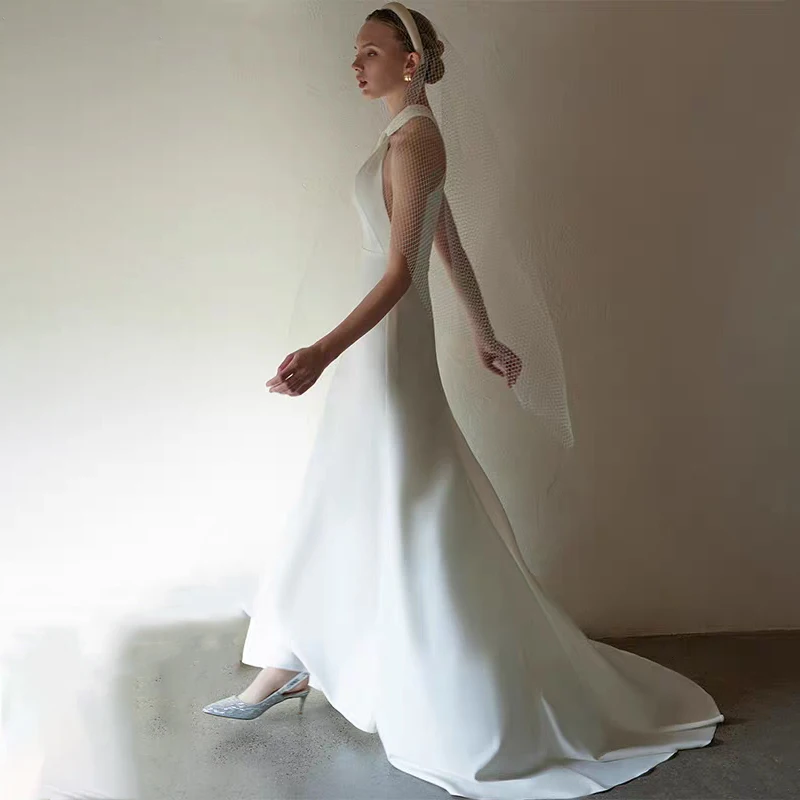 Branco cetim halter vestidos de casamento para mulher a linha até o chão vestido de noite formal elegante vestidos de baile 2025 personalizado