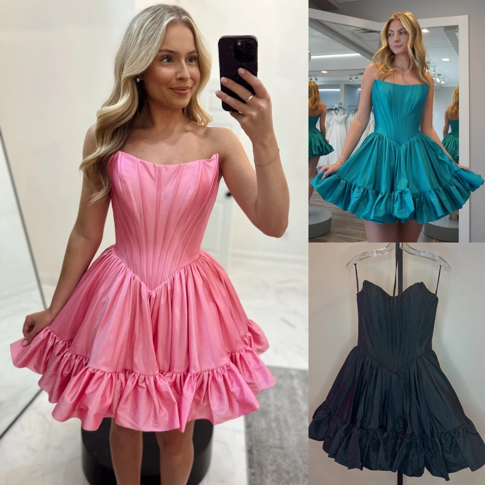 

Pink Cocktail Party Dress Strapless Corset Teal Taffeta Short Sweet 16 Semi Formal Hoco Graduation Gown Pageant Interview Dance