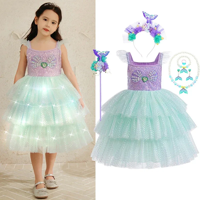 

2-8Years Children Halloween Cosplay Little Mermaid Costume Fancy Girl Light Birthday Party Cake Princess Dress 2024 Kids Clothes