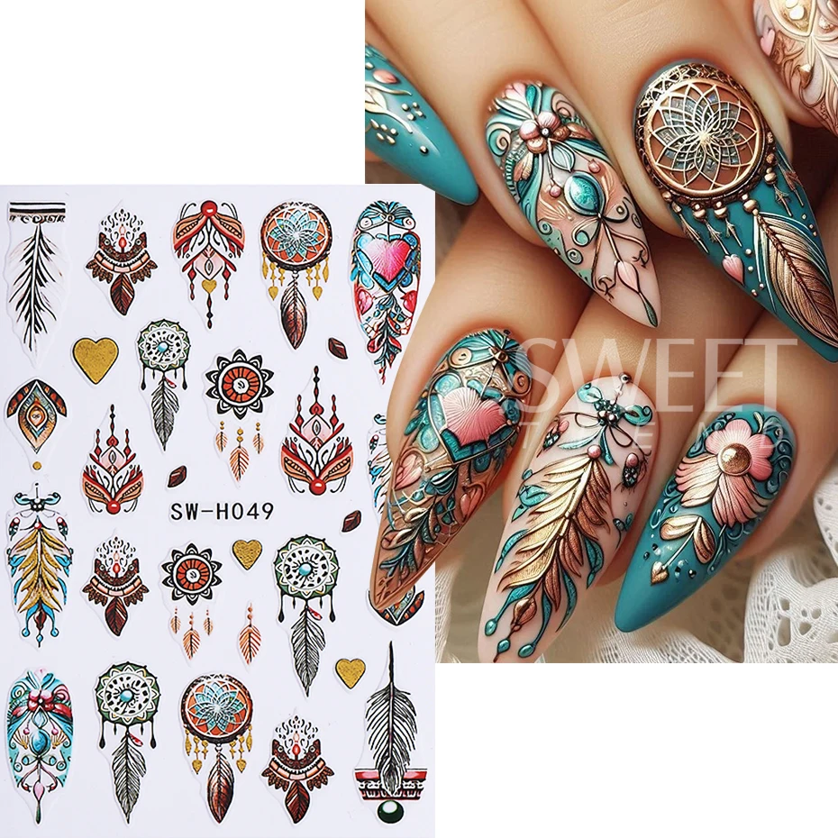 2 uds pegatina bohemia para uñas 3D bronceado corazón atrapasueños diseño de pétalos Retro pegatina adhesiva para uñas DIY decoración deslizante para manicura