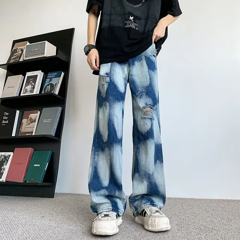 

2000S Clothes Y2K Streetwear Tie Dye Vintage Blue Baggy Ripped Jeans Pants For Men Straight Hip Hop Denim Trousers Ropa Hombre