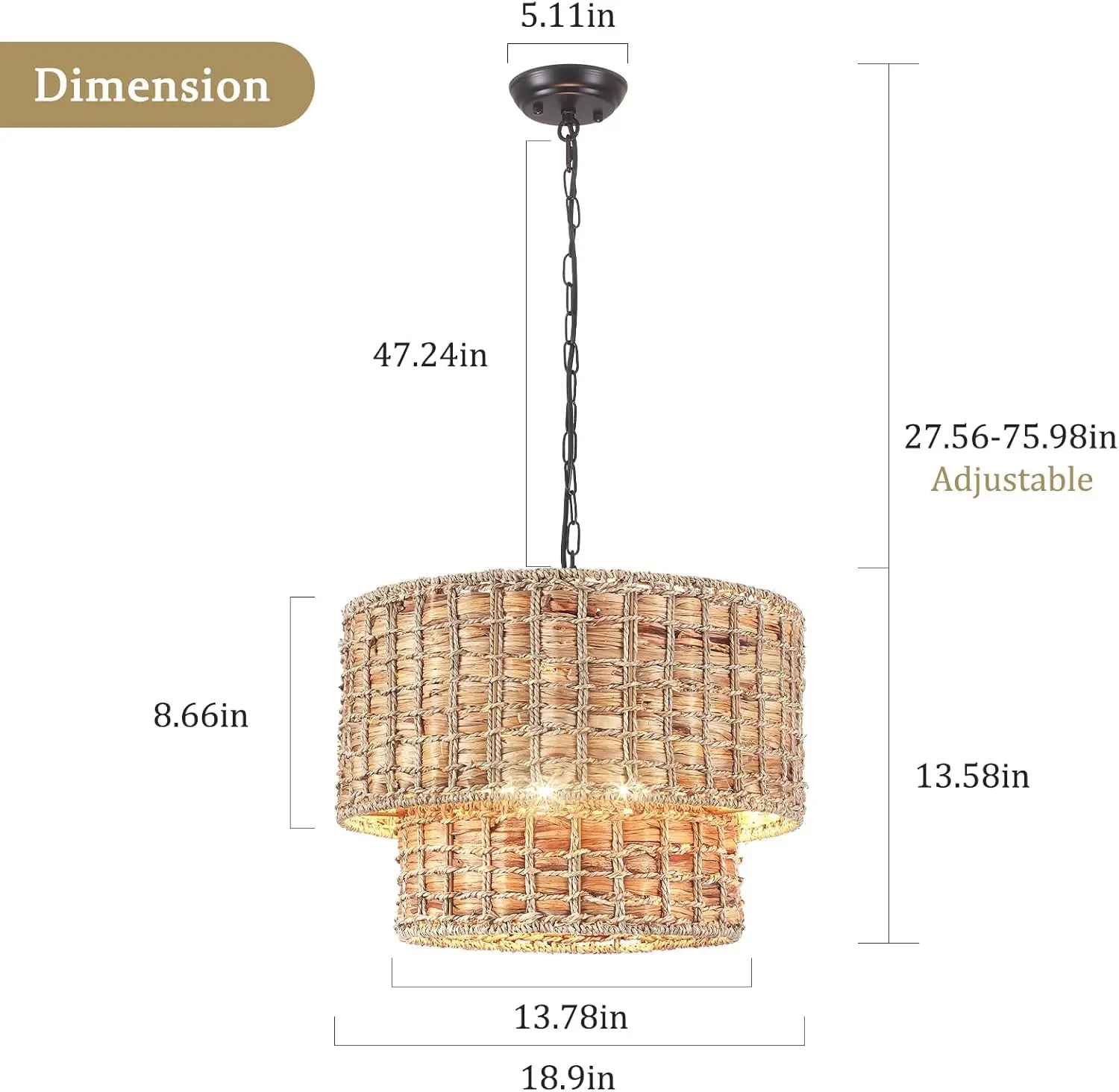 Generies-Lustre Boho Rattan com Abajur Jacinto de Água, Grande Luz Pingente de Quinta, Generies 2 Tiers, 5 Luzes, 18,9"