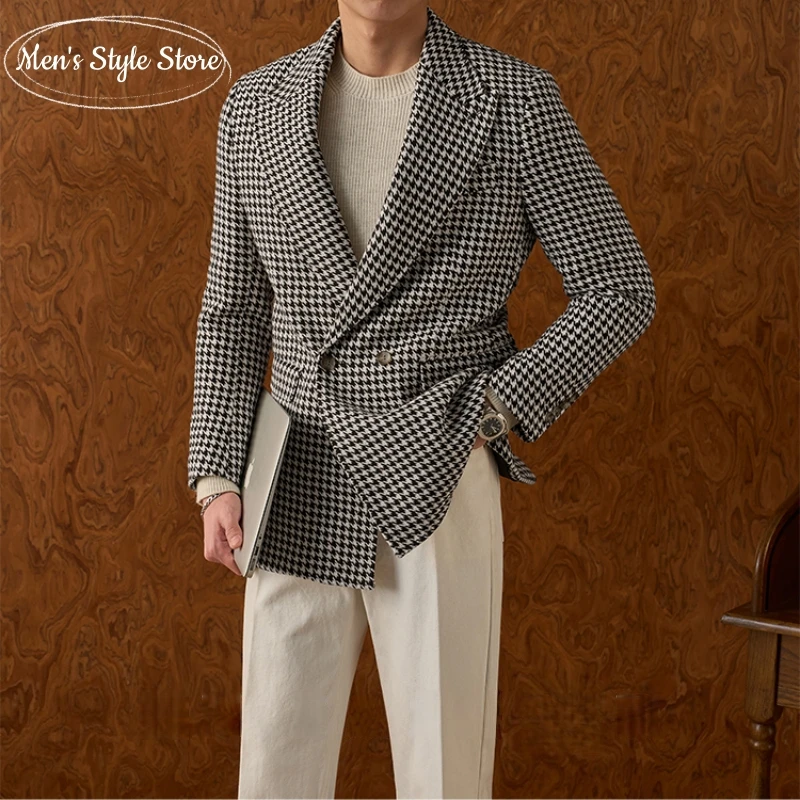 

Men's Classic Houndstooth Blazer Black White Plaid Wool Blend Jacket Thick Winter Formal Business Coat Easy to Match Versatile