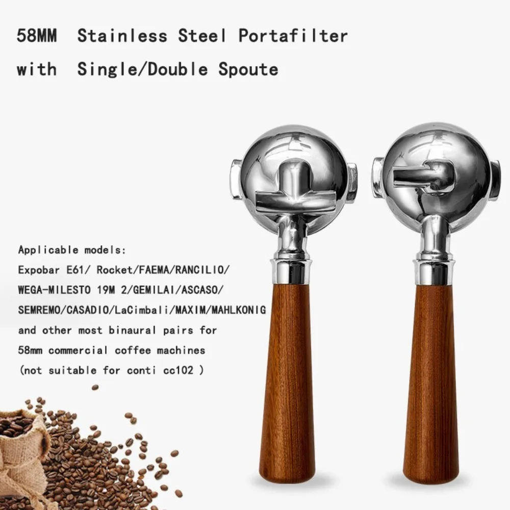 58MM Coffee Portafilter Holder with Single/Double Spoute Solid Wood Handle for EXPOBAR E61  Rocket Coffee Maker Barista Tools