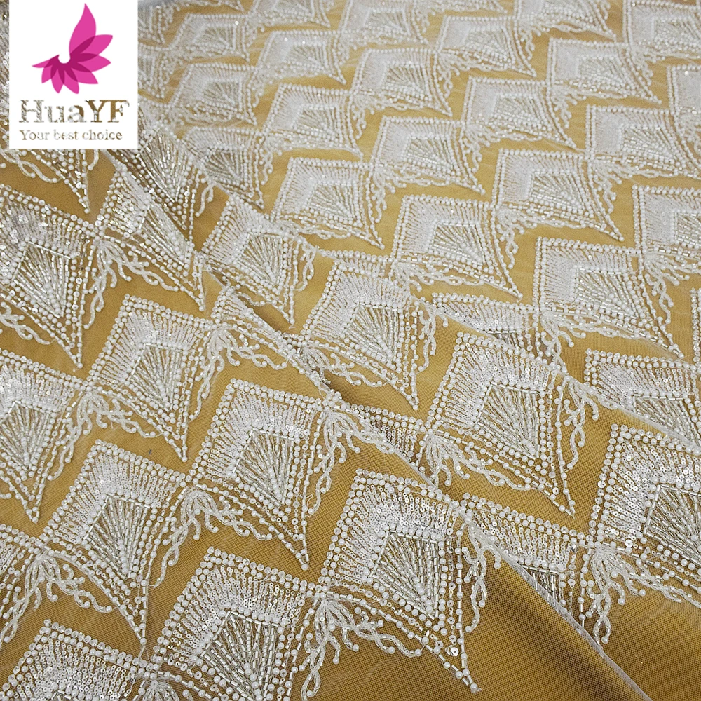 

1 Yard New Design Luxury African Lace Fabric Beaded Pearl Sequin Women Wedding Dress Sewing HY2232