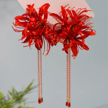 Accesorios para el cabello Hanfu chino, flor roja, borlas largas, Clip para el cabello, pasadores, accesorios de vestido Vintage, joyería para la cabeza