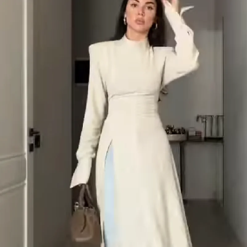 Women's Elegant High Neck Long Sleeve Maxi Dress Sexy Waist Slimming With Slit Hem Date Outfit Lady Formal Evening Office Wear