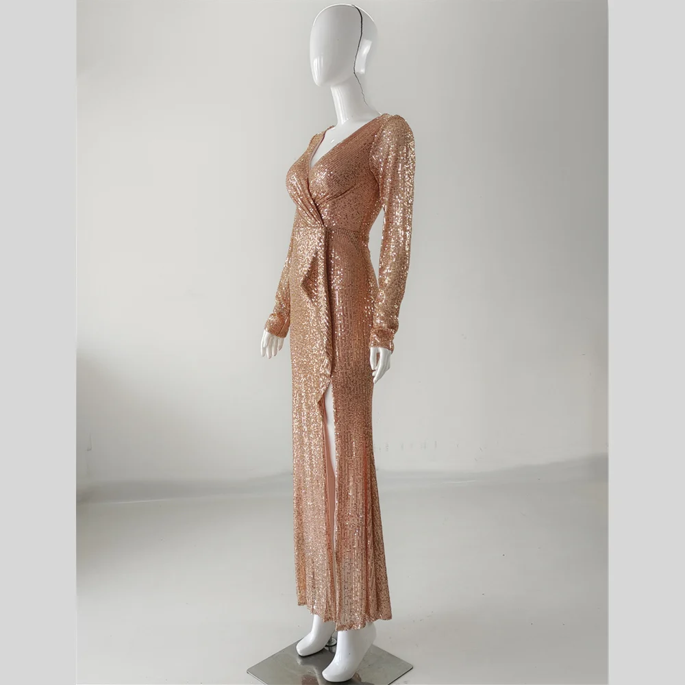 It's Yiiya-Robe de soirée à paillettes dorées pour femmes, robe sirène, col en V, manches longues, grande taille, robe de soirée formelle, photo réelle, 123