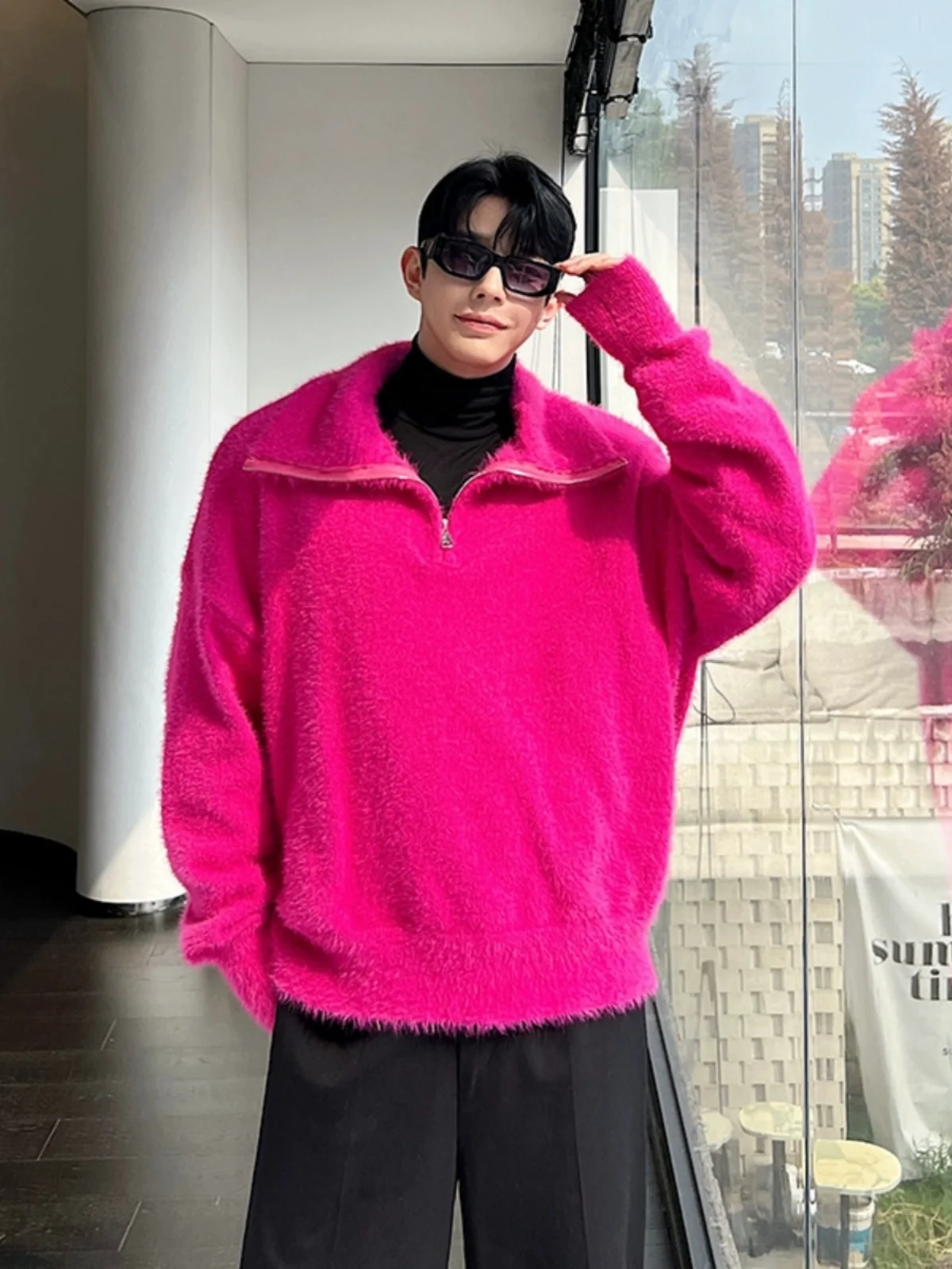 

Розовый мужской вязаный свитер на молнии с воротником-стойкой, осенне-зимняя верхняя одежда, мягкий, уютный, из искусственного меха норки