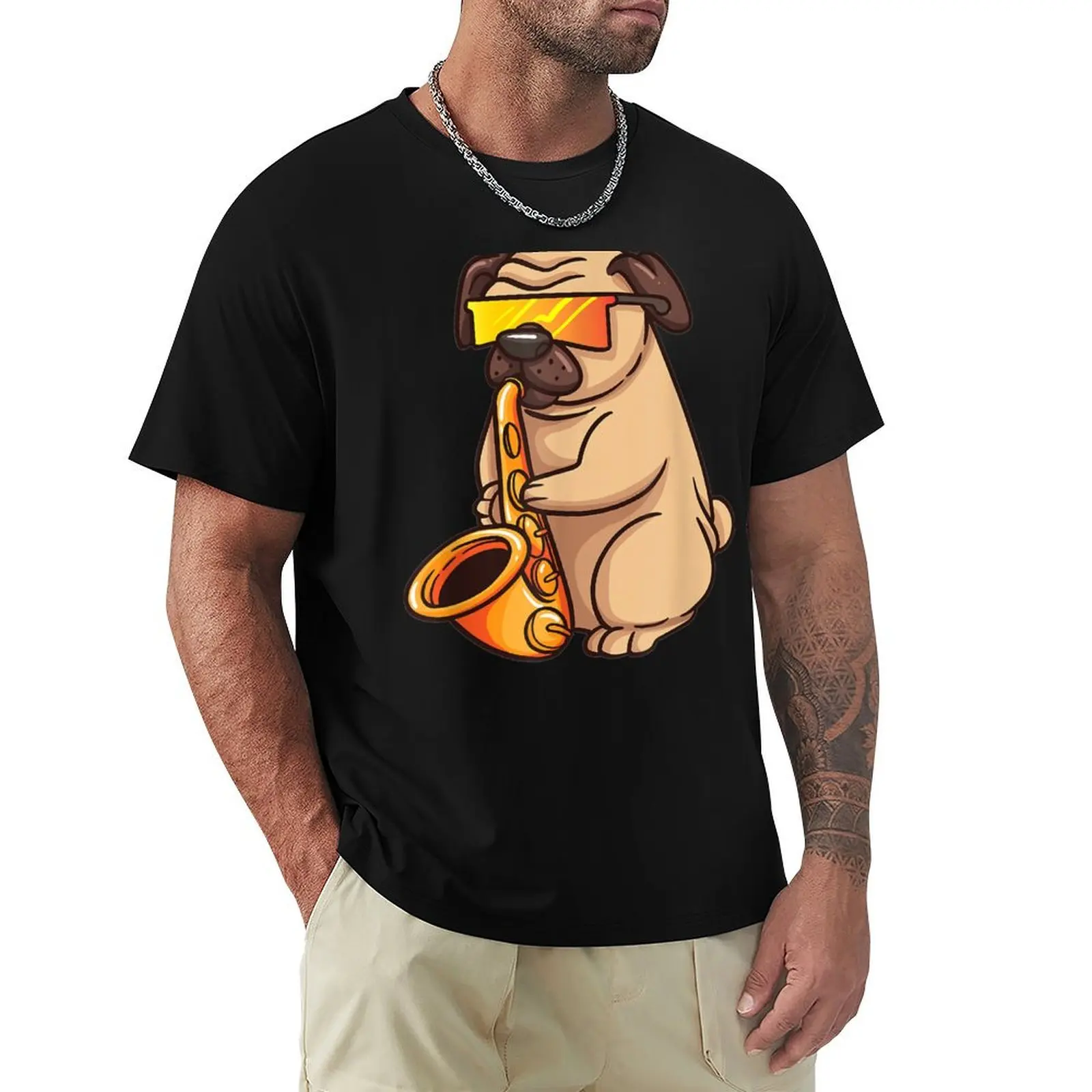 Saxophone Player Pug Jazz Band Music And Dog Lovers Gift T-Shirt hippie clothes Men's clothing