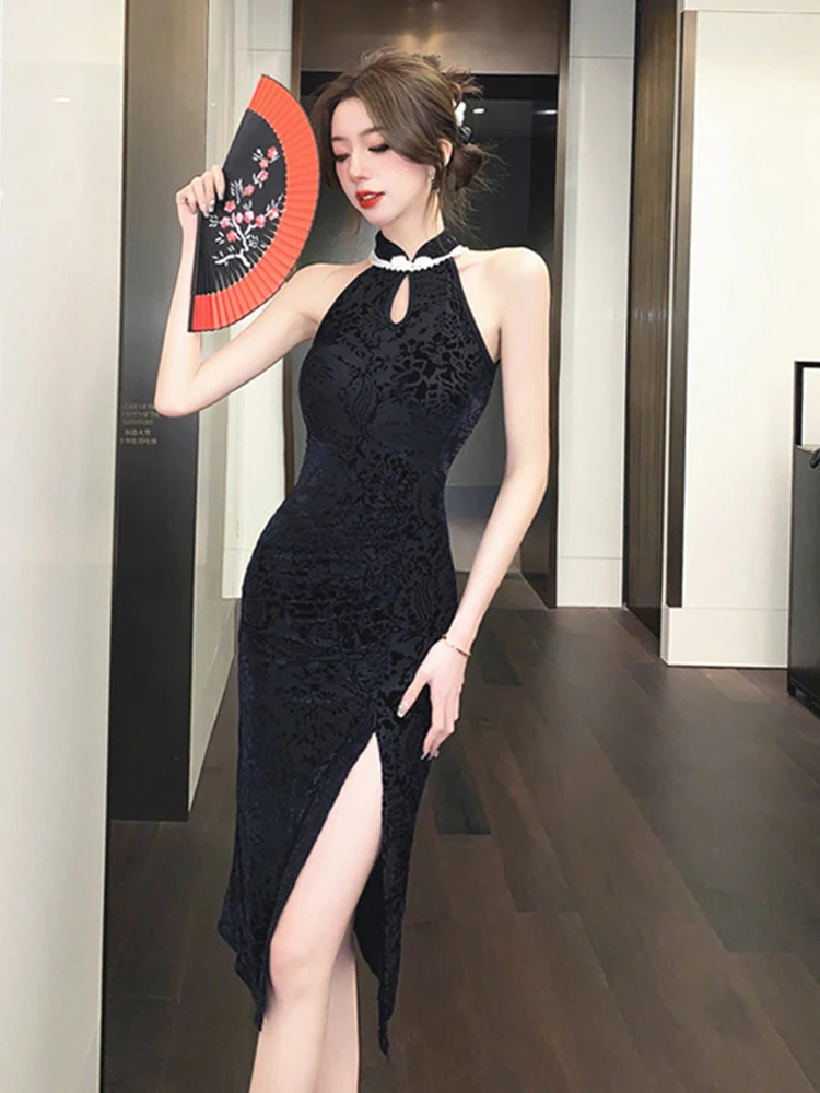 New Chinese Style Fashion Lady Black Evening Dress Women Clothing Elegant Vintage Sexy Sleeveless Slim Party Prom Vestido Fiesta