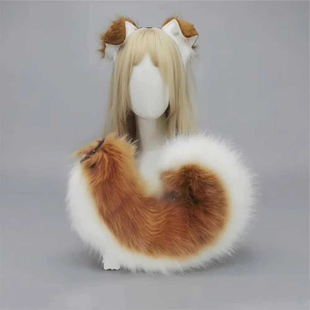QQ Women Plush Akita Dog Ears Headband Set 2Pcs/set Furry Anime Dog Ear Headband Tail Cosplay Costume Accessories Folded Droopy