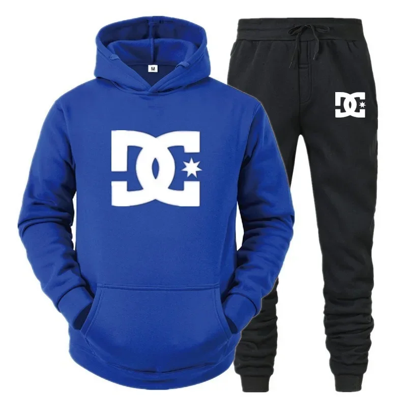 DC printed men\'s new autumn/winter sweater stand up collar hooded sweater jacket and casual pants two-piece set