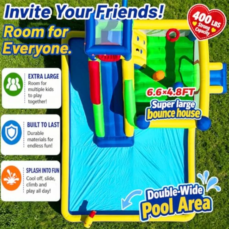 Backyard water park inflatable slide bounce house, PVC material, blue and yellow, 10-in-1 design with splash pool, long slide, view 6