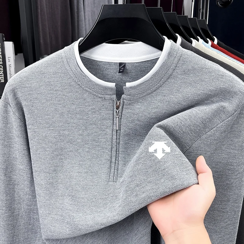 Fashion Trendy Men Fake Two Piece Quarter Zip T-Shirt 100% Cotton Autumn Solid Color Long Sleeve Tops Business Casual Men's Wear