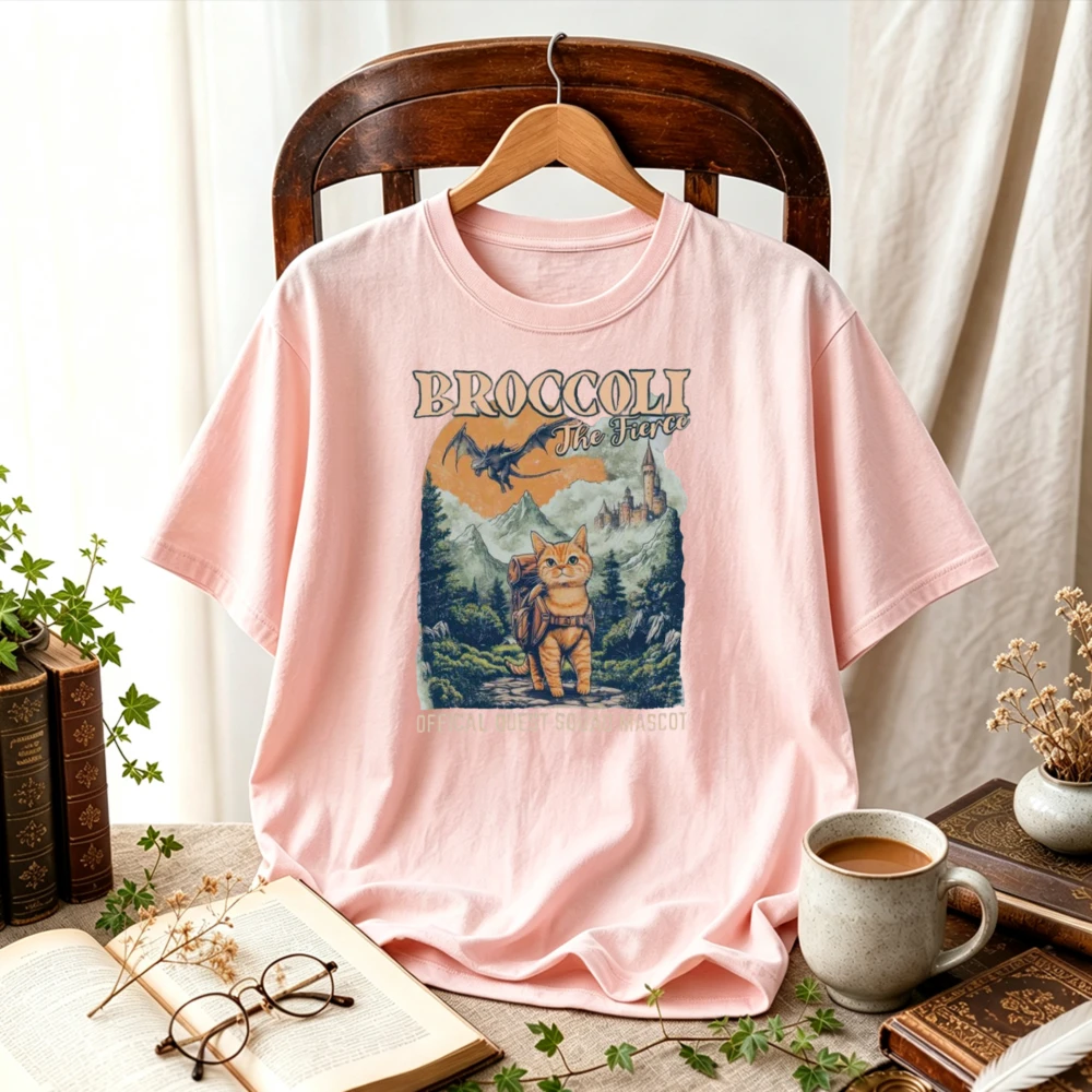 Broccoli Official Quest Squad Mascot Adventure Cat Vintage T-Shirt Mountain Castle Dragon Graphic Book Fandom Fantasy Cat Tops