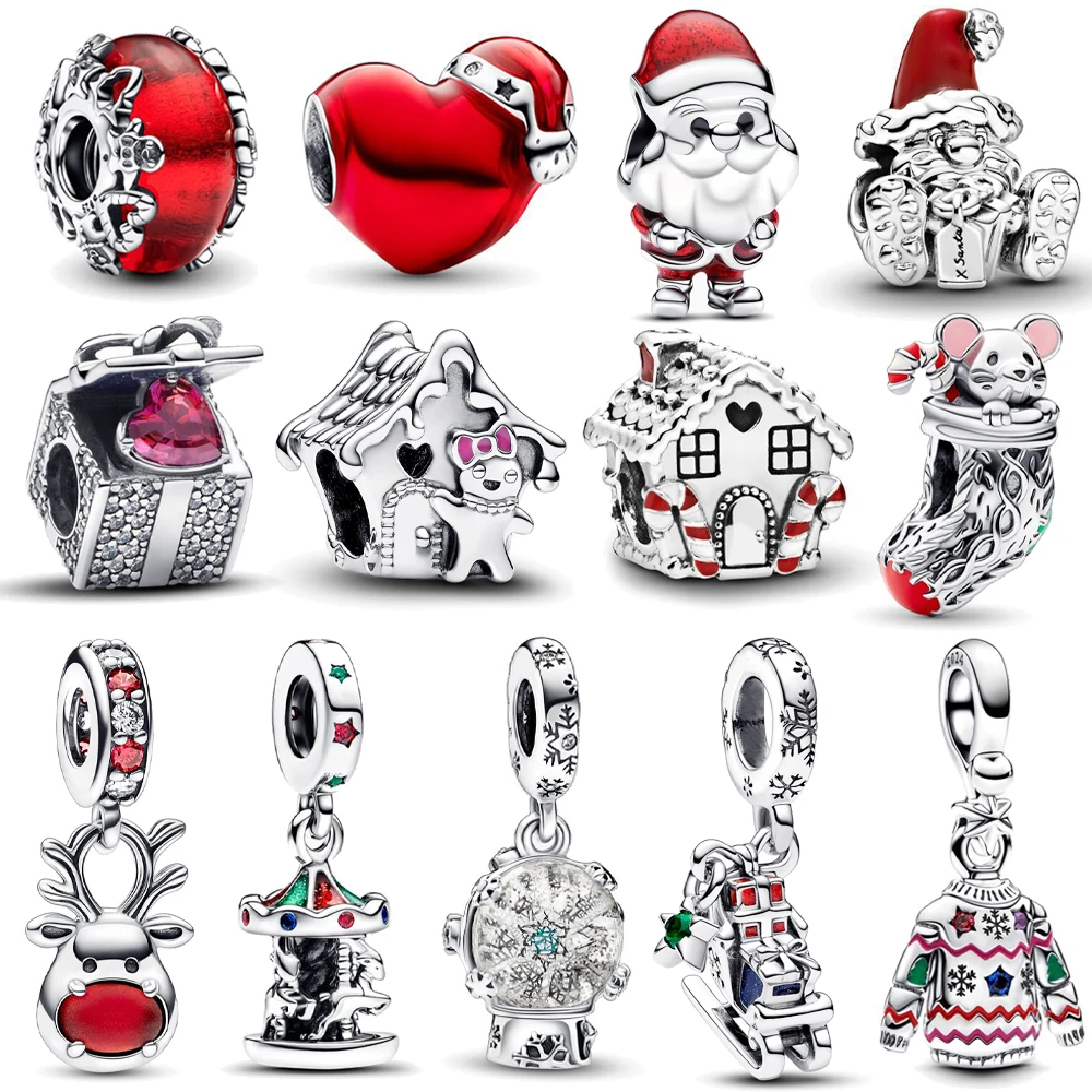 תיבת מתנה מבריקה עם חרוזי דוב קוטב מצחיקים, תליון סנטה מתאים לצמיד פאן המקורי, תכשיטי חג המולד לעשייה עצמית, אביזרי חג המולד