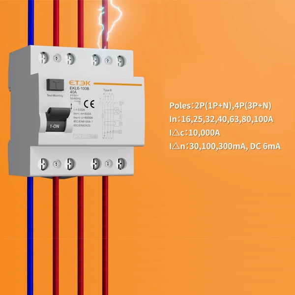 ETEK Type B Earth Leakage Circuit Breakers RCCB RCD Din Rail  EKL6-100B 4P 40A 63A 30mA 10KA Rcd EV Charger