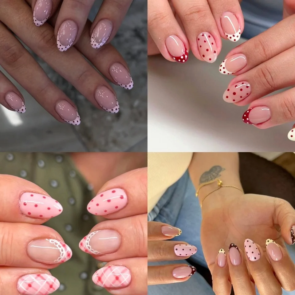 24Pcs Simple Polka Dot Finished Fake Nails Press on Short Almond French Tips Style Pink False Nails Sets Acrylic Round Head Nail