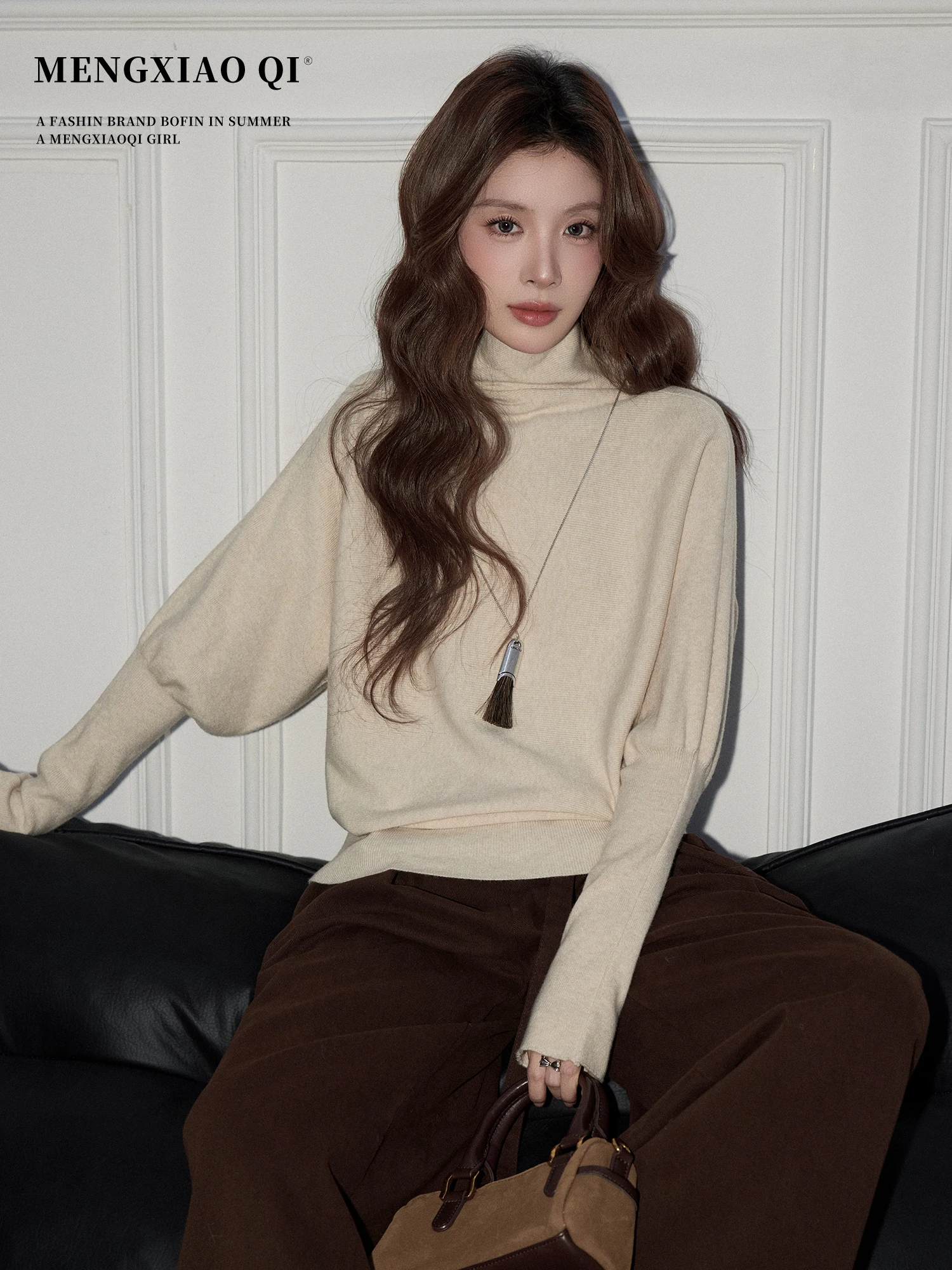 

Женский трикотажный топ Meng Xiaoqi с высоким воротником и рукавами «летучая мышь», приталенный, для офиса, для ношения под одеждой