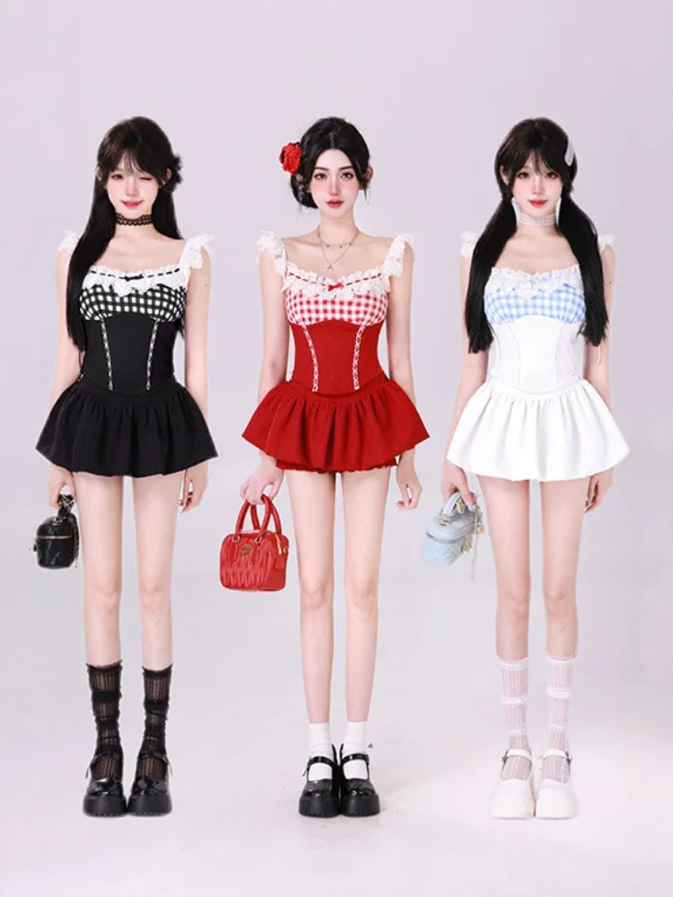 

Fashion Sweet 2 Piece Set Women Kawaii Square Neck Lace Plaid Patchwork High Waist Mini Skirt Female Chothing 2025 Spring