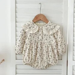 0-24M Baby Jumpsuit Baby Girl Floral Jumpsuit Full Sleeve Lace Princess Romper Lapel Vintage Style Newborn Kids Casual Jumpsuit