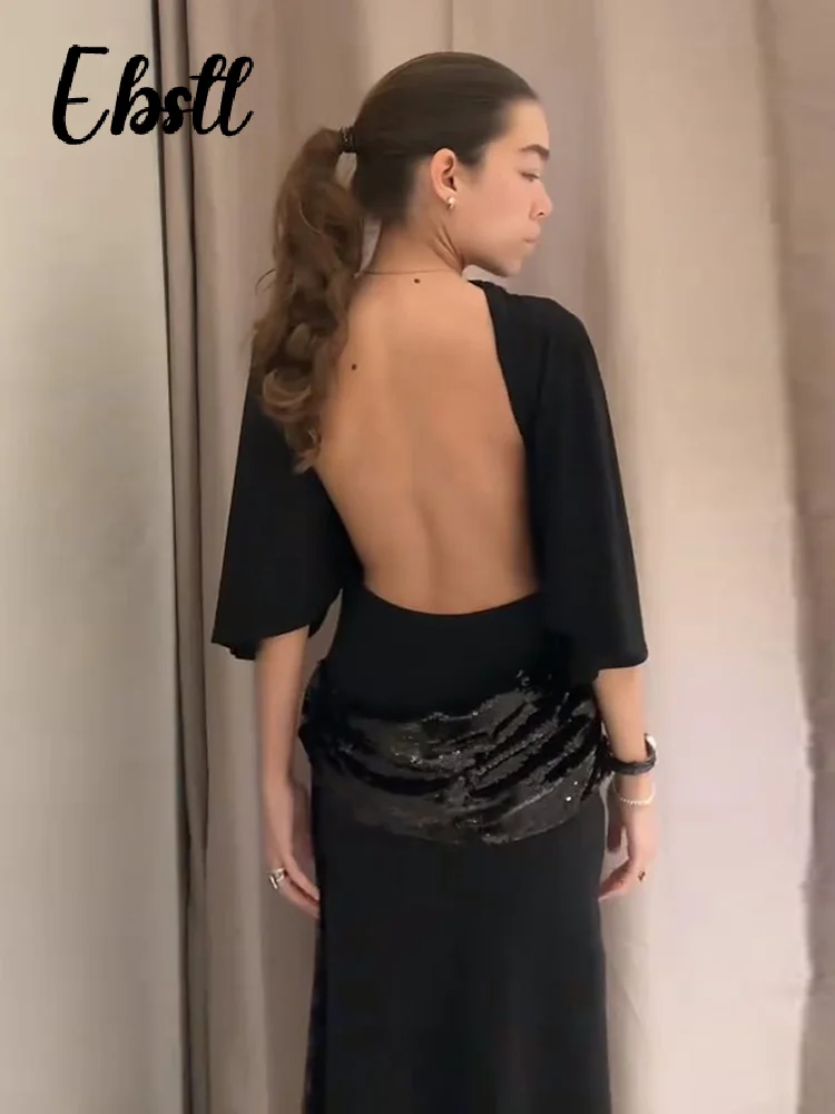 Sexy Pailletten Splitsen Backless Jurken Vrouwen Elegante Korte Mouw O-hals Linten Lange Gewaden 2026 Lente Nieuwe Dames Chic Jurk