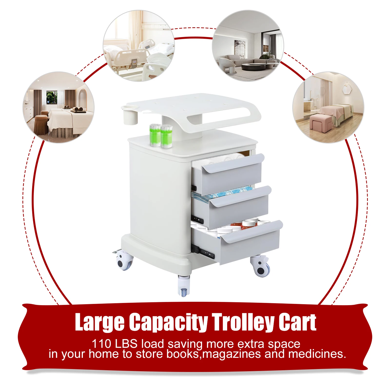 Salon Tray on Wheels 4 Tiers Mobile Medical Cart Rolling cart with Drawers Medical Storage Cart Mobile Ultrasound Cart