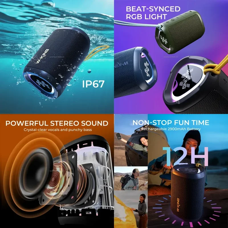 W-KING D110 RGB Wireless Bluetooth Speaker With LED Display Heavy Bass And 15W Power Waterproof IPX7 For Outdoor Parties