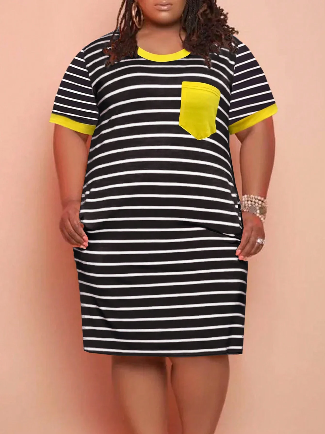 

Plus Size Women Striped T-Shirt Dress With Pocket Casual Summer