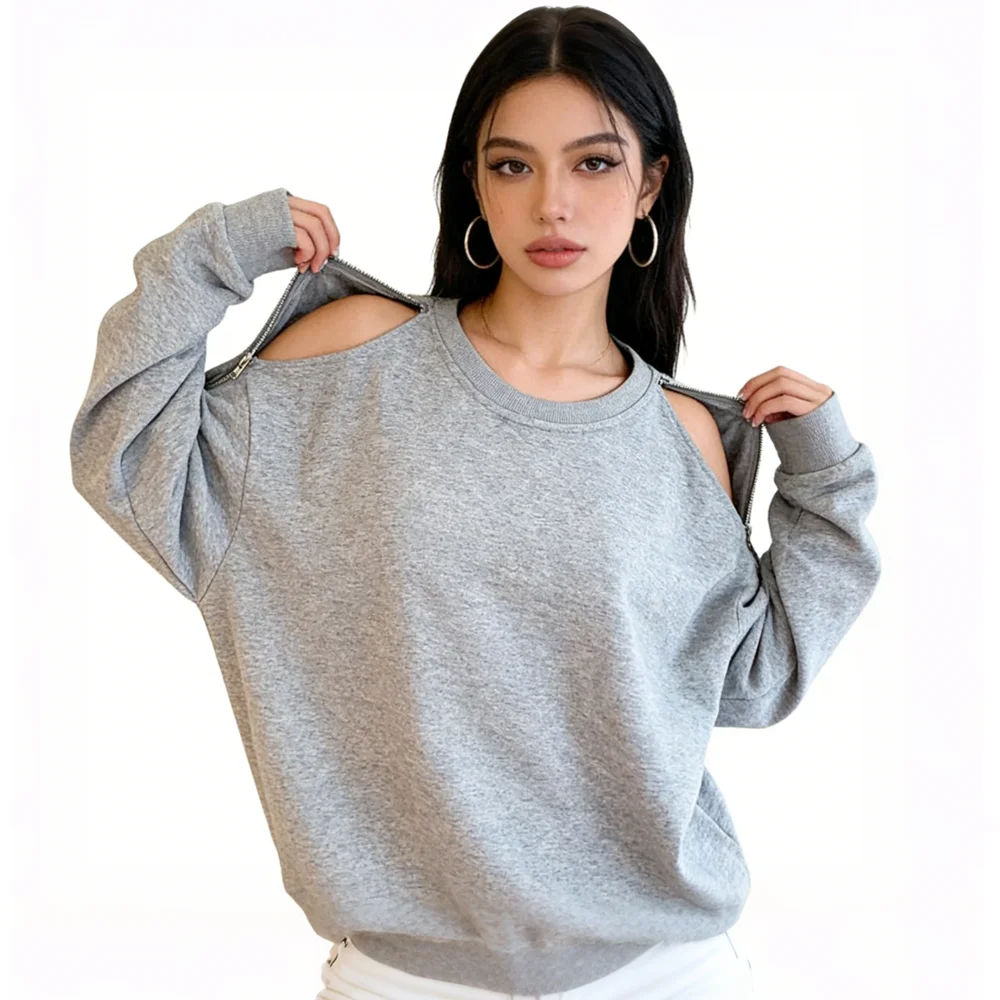 2026 Spring Autumn Women Casual Loose Clothes Zipper Hollow Out Shoulder O Neck Hoodies Solid Street Fashion Daily Sweatershirt