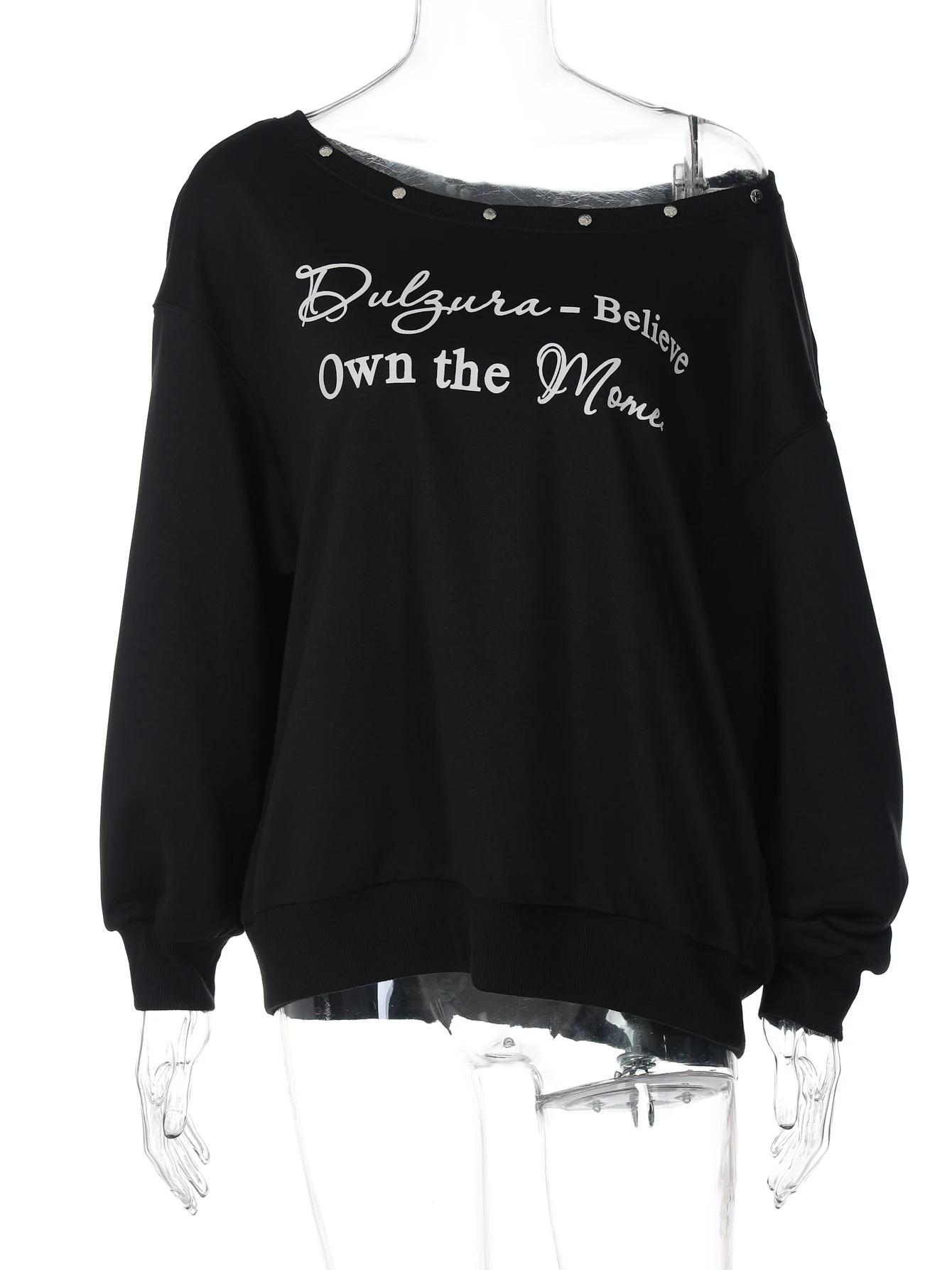 Dulzura 가을 패션 경사진 어깨 긴 소매 느슨한 편지 인쇄 스웨트 셔츠 여성 캐주얼 다목적 스트리트 스타일 의류