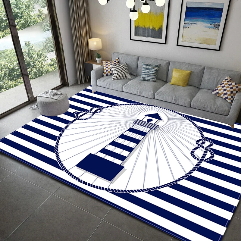 Dark Blue Stripe Ocean Lighthouse Area Rug Anchor Boat Decor Carpet Floor Mat Tapete macio para sala de estar Banheiro Cozinha