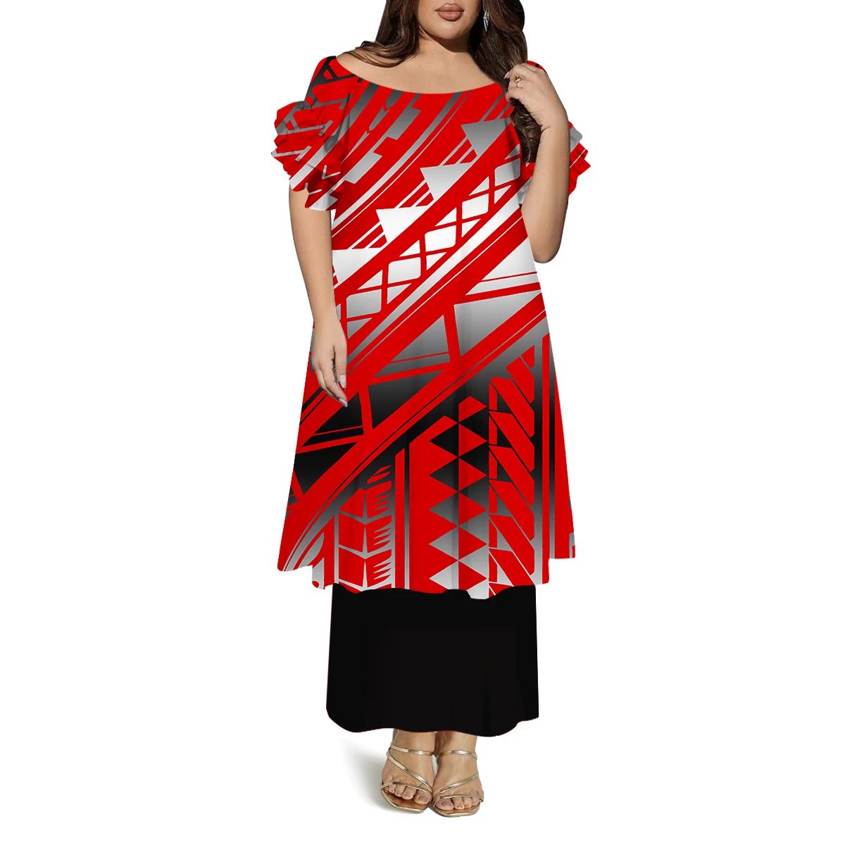 Polinésia senhoras moda em torno do pescoço manga borboleta verão vestido solto casual personalizado vestido de dupla camada padrão