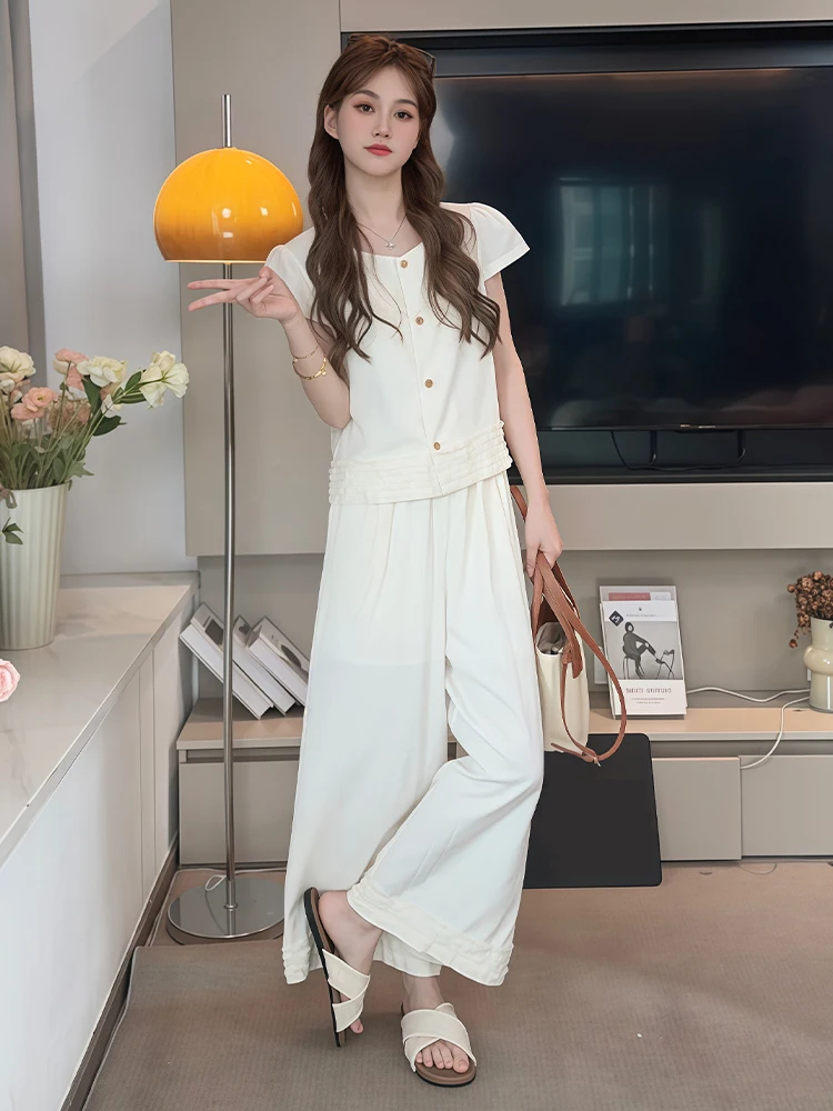 엘리 스몰 사이즈 여성 패션 세트 여름 2026 와이드 레그 팬츠 탑 투피스 구김 방지 폴리에스터 섬유 캐주얼 웨어