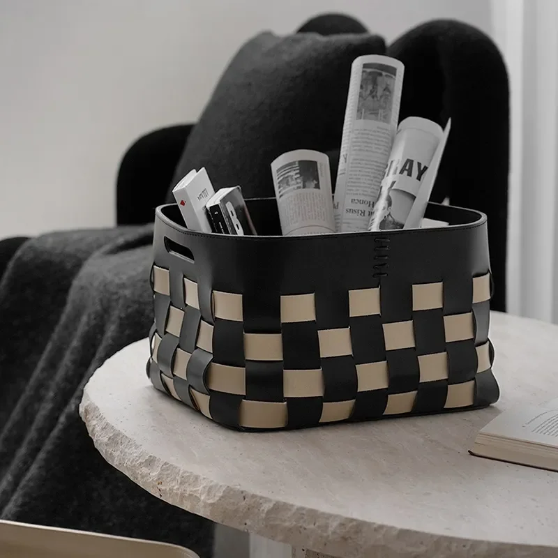 Black and White Checkerboard Leather Storage Basket for Bedroom Laundry Organization Woven Bin Home Decor Closet Organizer
