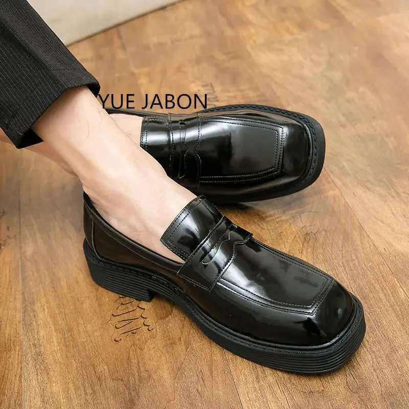 New Black Business Loafers for Men Square Toe Black Handmade Formal Shoes Platform Mens Dress Shoes Zapatos De Hombre