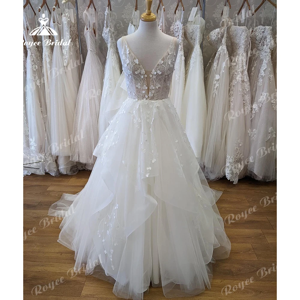 Roycebridal Rüschen Prinzessin Brautkleider 2024 v Hals Luxus Spitze Braut Brautkleider vestido de novia corte sirena