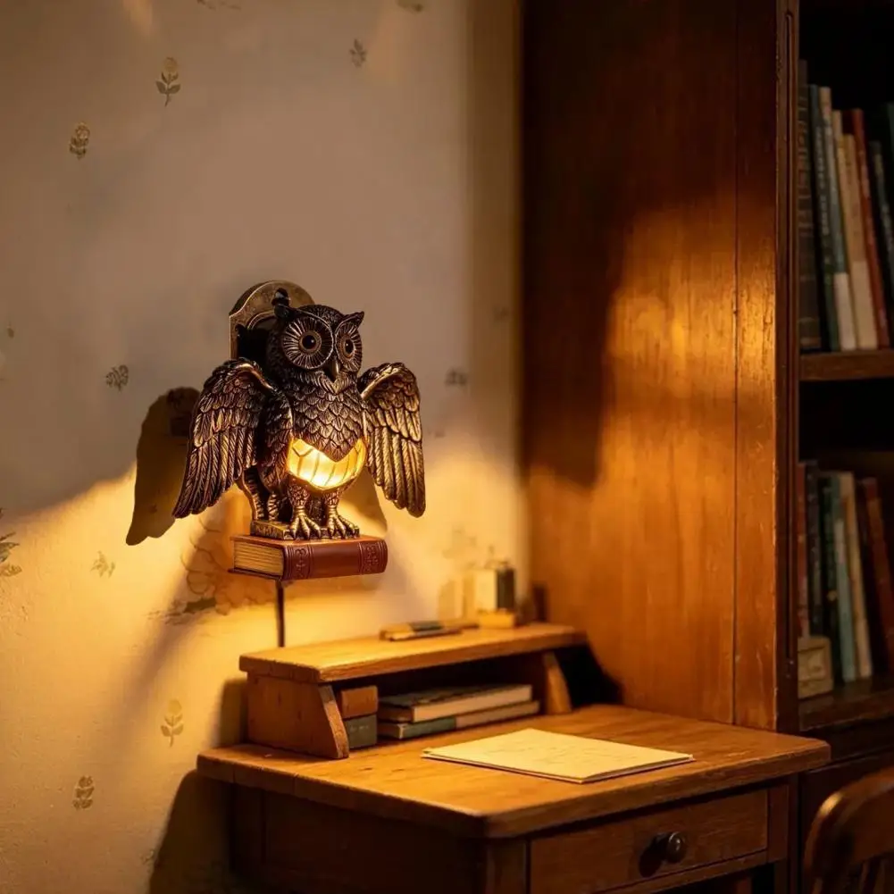 Farmhouse Style Small Table Lamp with Golden Owl Farmhouse Bedside Night Light Retro Rustic Resin Lamp for Room Bedroom Office
