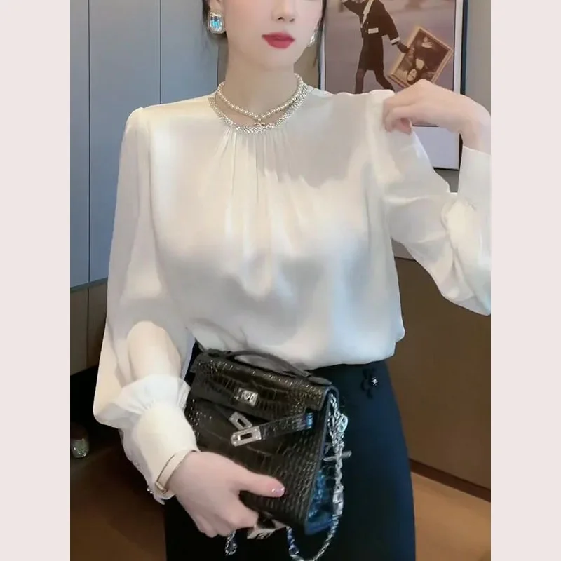 

2025 Autumn Winter New Oversized Casual Tops Office Lady Shirt Elegant O-Neck Spliced Beading Folds Blouse Women's Clothing